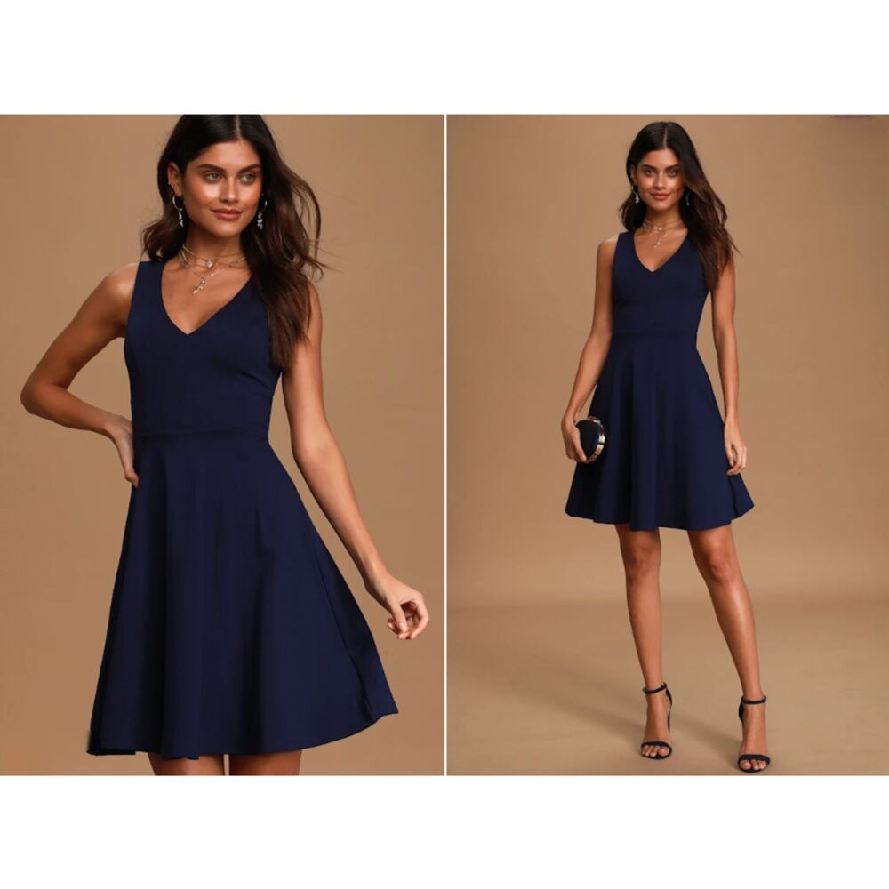 Lulu's "Bon Appetit" Sapphire Blue Fit & Flare Sleeveless Skater Mini Dress Sz S